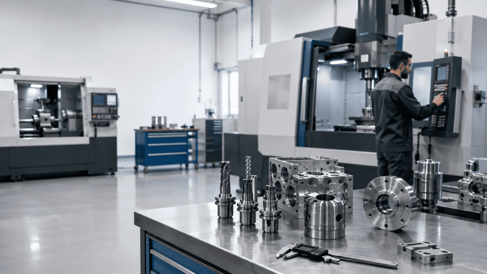 Taller de máquina herramienta con centros de mecanizado CNC, herramientas de corte y piezas mecanizadas.