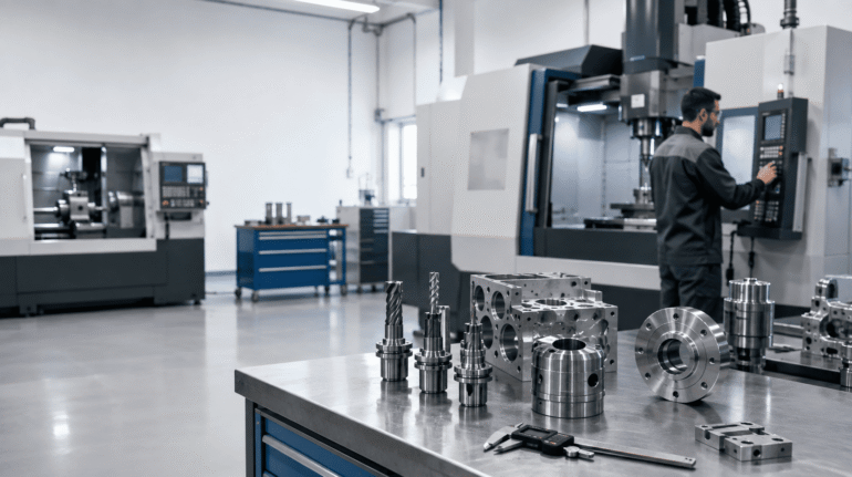 Taller de máquina herramienta con centros de mecanizado CNC, herramientas de corte y piezas mecanizadas.