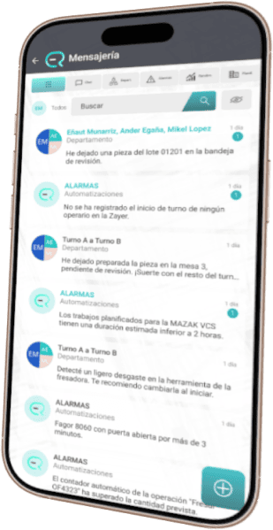 Foto de la interfaz de mensajería del software MES de Eris en un dispositivo móvil.