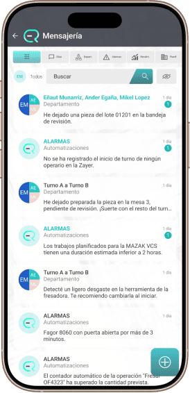 Pantalla de mensajería de Eris mostrando avisos, alarmas y chats de operadores en producción.