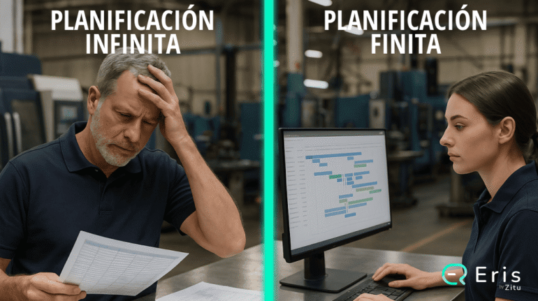 Comparación visual entre planificación infinita y finita en una fábrica; un operario confundido con papeles frente a otra persona que usa el software MES Eris para planificar.