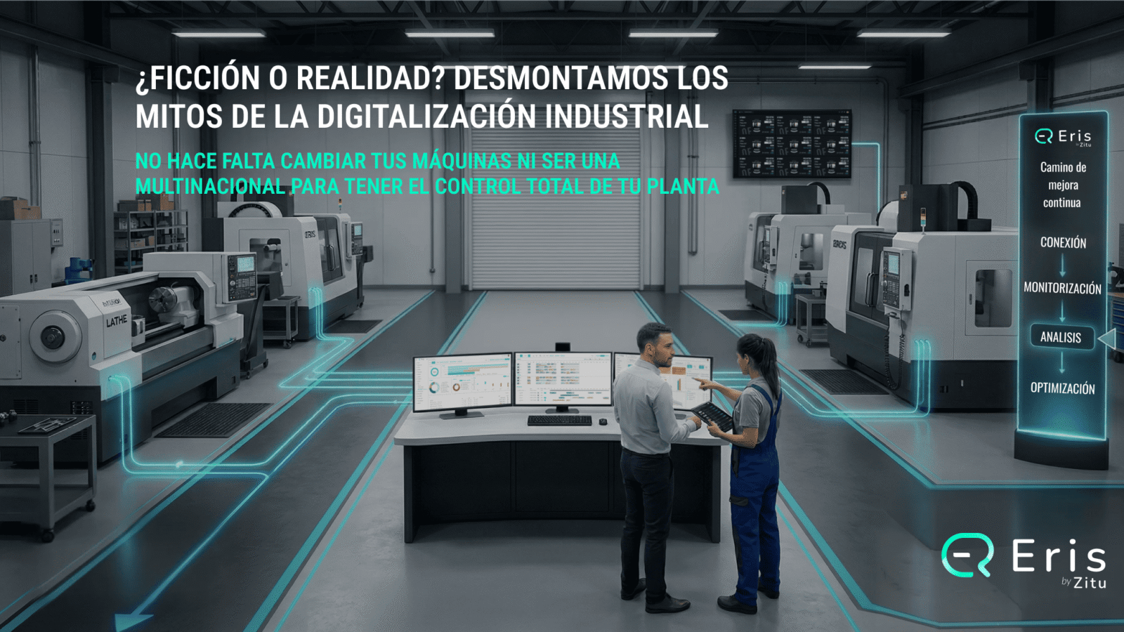Una planta industrial moderna con máquinas CNC conectadas mediante líneas de datos digitales a un centro de control central, donde dos profesionales analizan gráficos de rendimiento y optimización en tiempo real