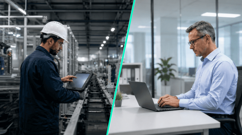 Esquema comparativo entre un sistema MES y un ERP en una planta industrial